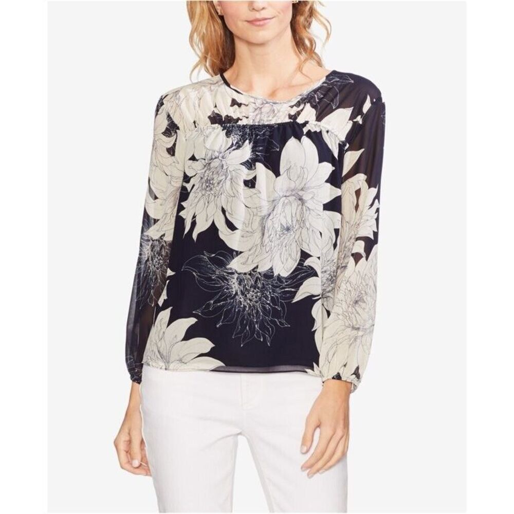 Vince Camuto Pagoda White Blue Floral Long Sleeve Blouse Size XS